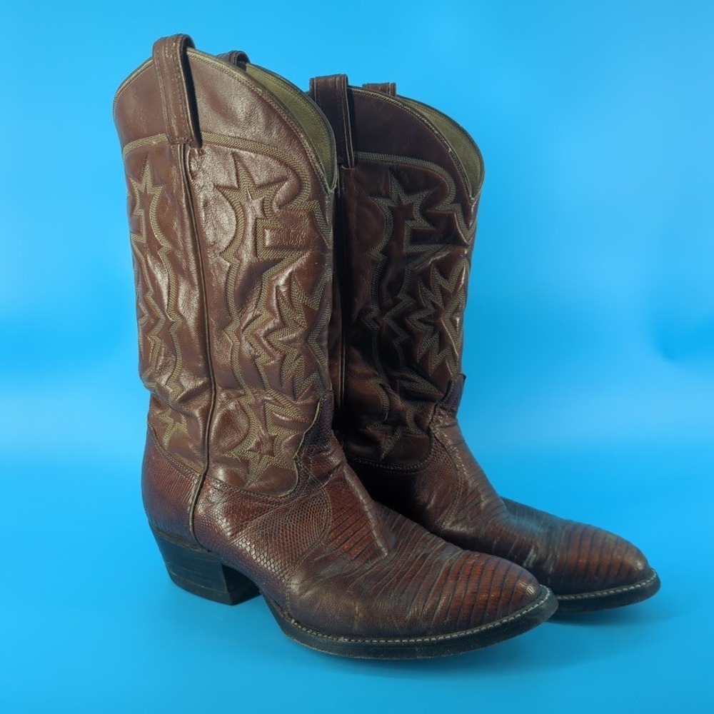 Vintage Tony Lama Mens 10D Lizard Skin Cowboy Boots Brown Western Exotic US